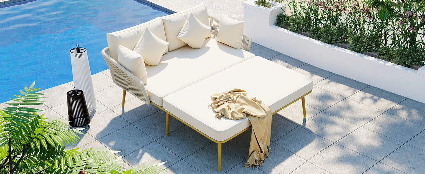 TOPMAX Outdoor Patio, Woven Nylon Rope Backrest with Washable Cushions for Balcony, Poolside, Set for 2 Person, Beige