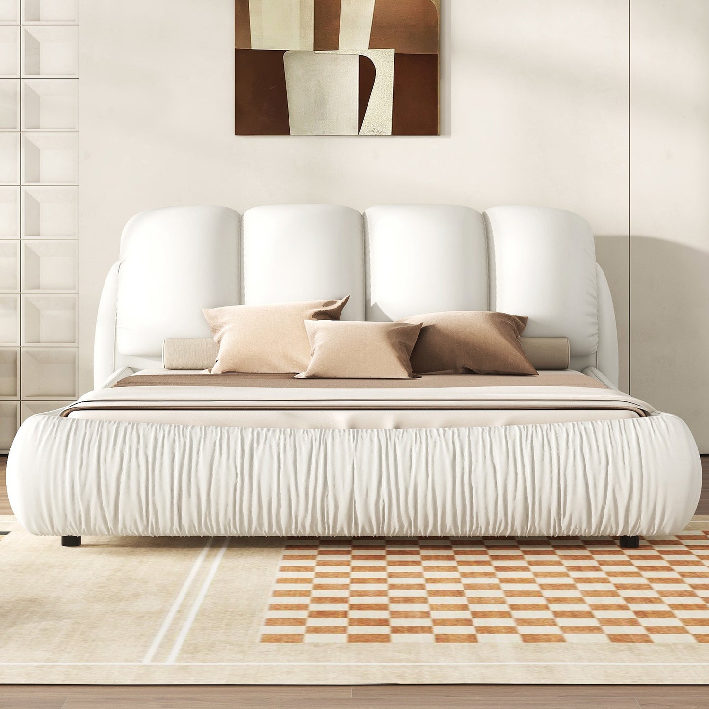 King Size Luxury Upholstered Bed - Leather King Bed with Oversized Padded Backrest, White