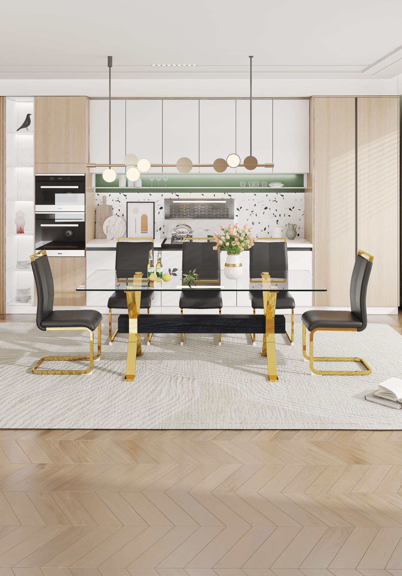ContemporaryGlass Dining Table - Versatile for Home or Office. Features a Large Tempered Glass Top, Modern Office Desk Design with Gold-Plated Metal Legs and MDF Crossbars. Ideal for Kitchen Use. Dimensions: 79''x39''x30'
