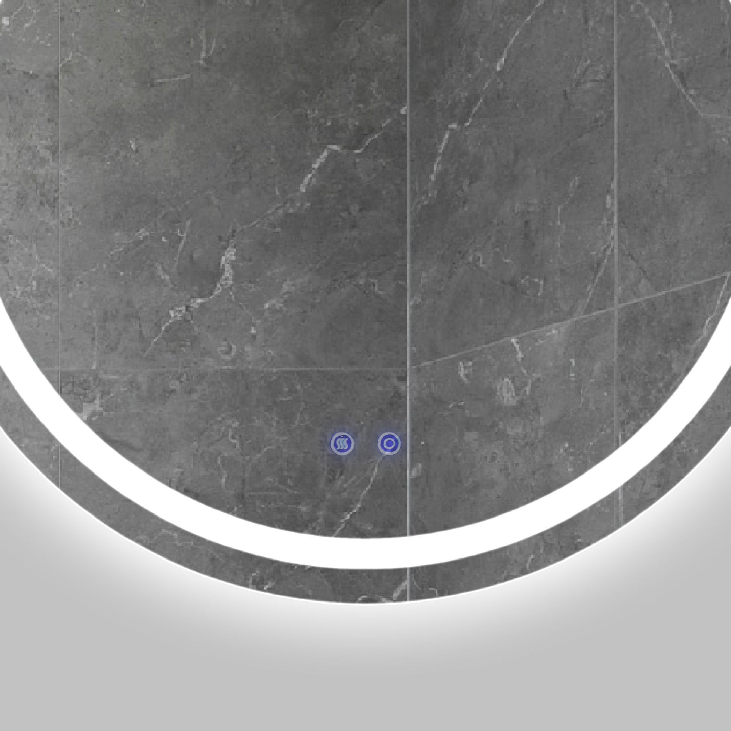 32 x 32 Inch Round Frameless LED Illuminated Bathroom Mirror; Touch Button Defogger; Metal; Frosted Edges; Silver