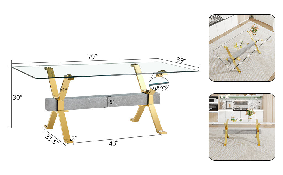 1 table and 8 chairs. Modern simple luxury tempered glass rectangular dining table and desk with 8 black PU gold plated leg chairs 79''x39''x30''