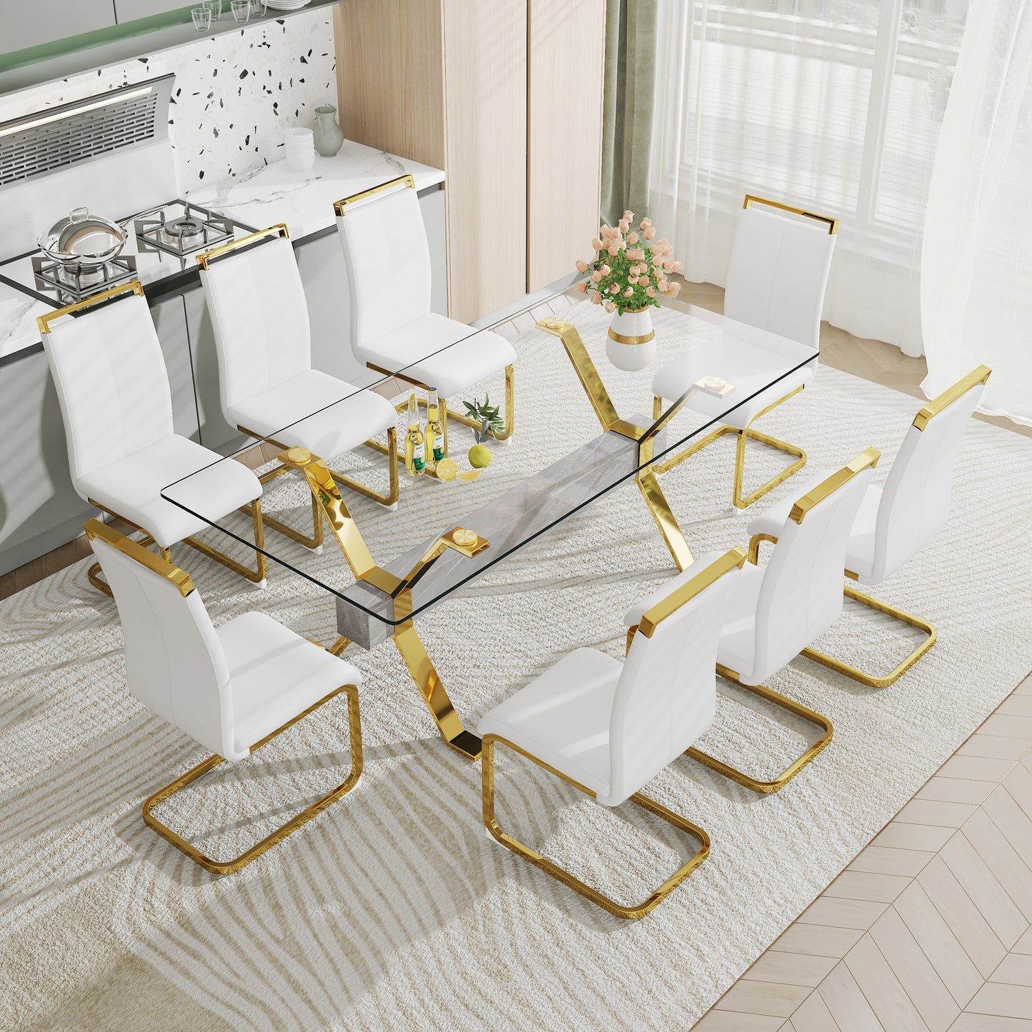 ContemporaryGlass Dining Table - Versatile for Home or Office. Features a Large Tempered Glass Top, Modern Office Desk Design with Gold-Plated Metal Legs and MDF Crossbars. Ideal for Kitchen Use. Dimensions: 79''x39''x30'