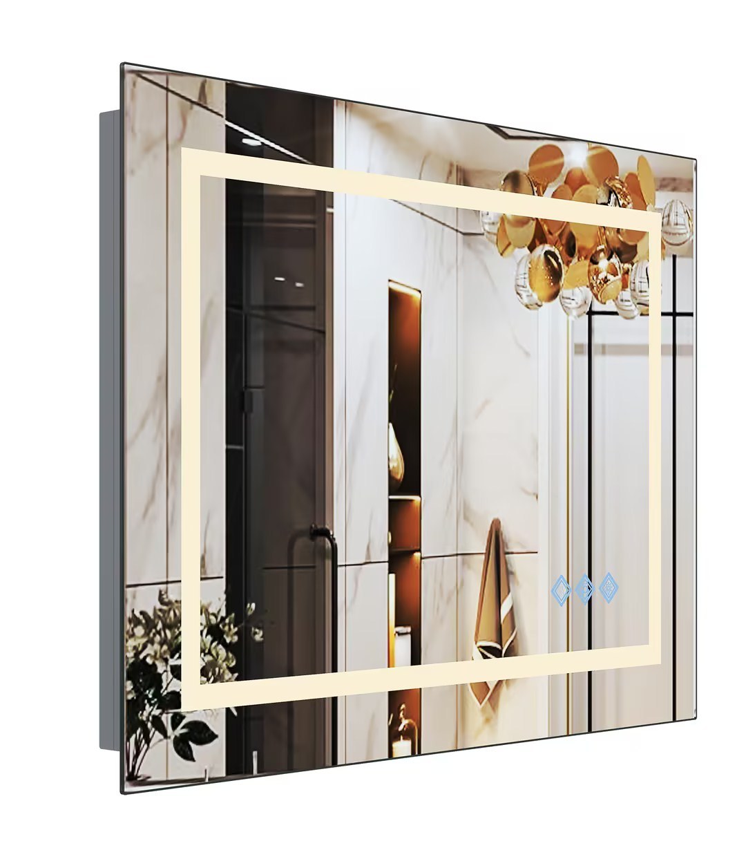 32x24inch Glossy Brushed Silver 3000-6000K LED Bathroom Mirror With Lights,Anti-Fog Dimmable Lighted Wall Mounted Vanity Mirror Master Bath Modern Makeup(Horizontal & Vertical)