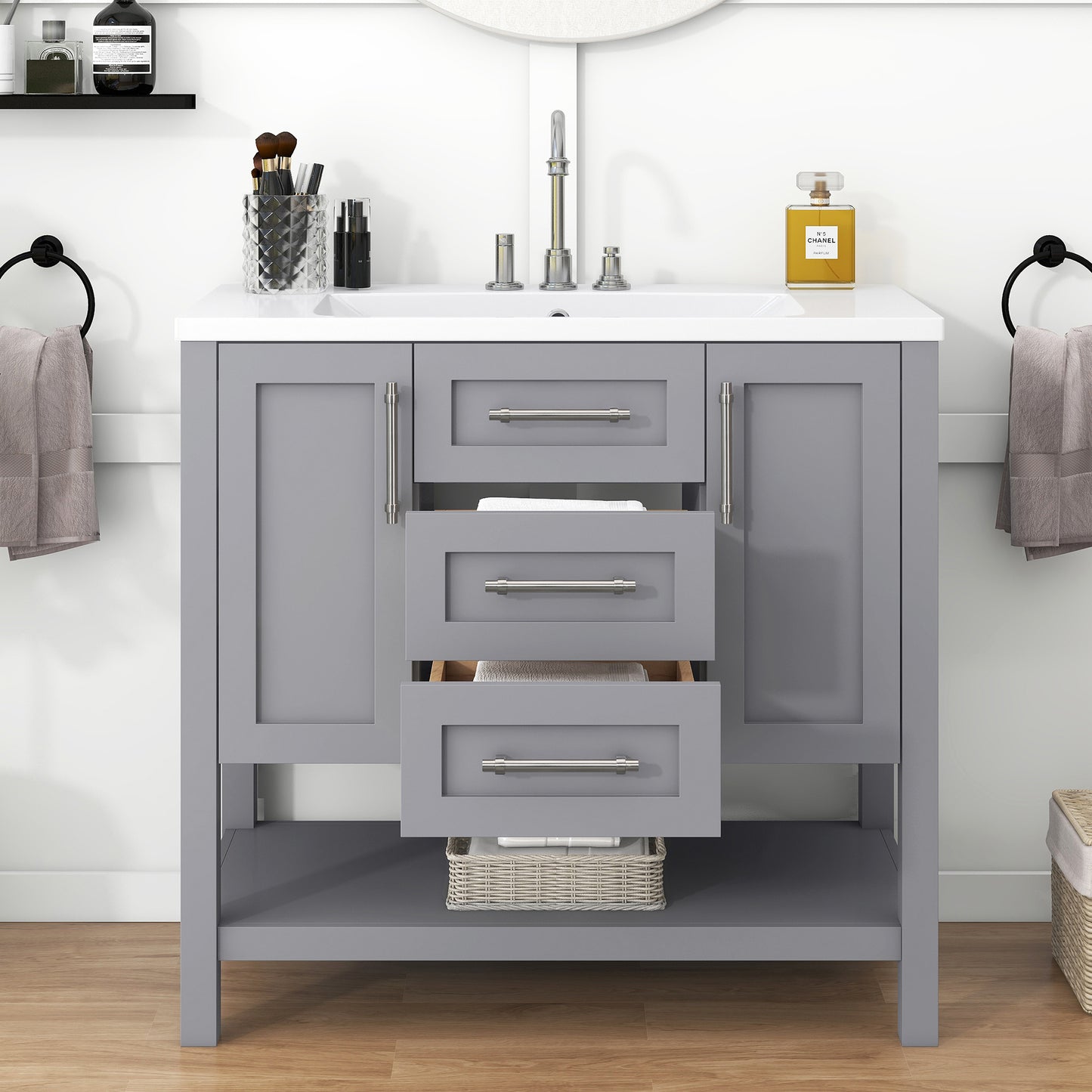 36-Inch Grey Bathroom Vanity with Solid Wood Frame and MDF, Resin Basin, 2 Single Resin Sink