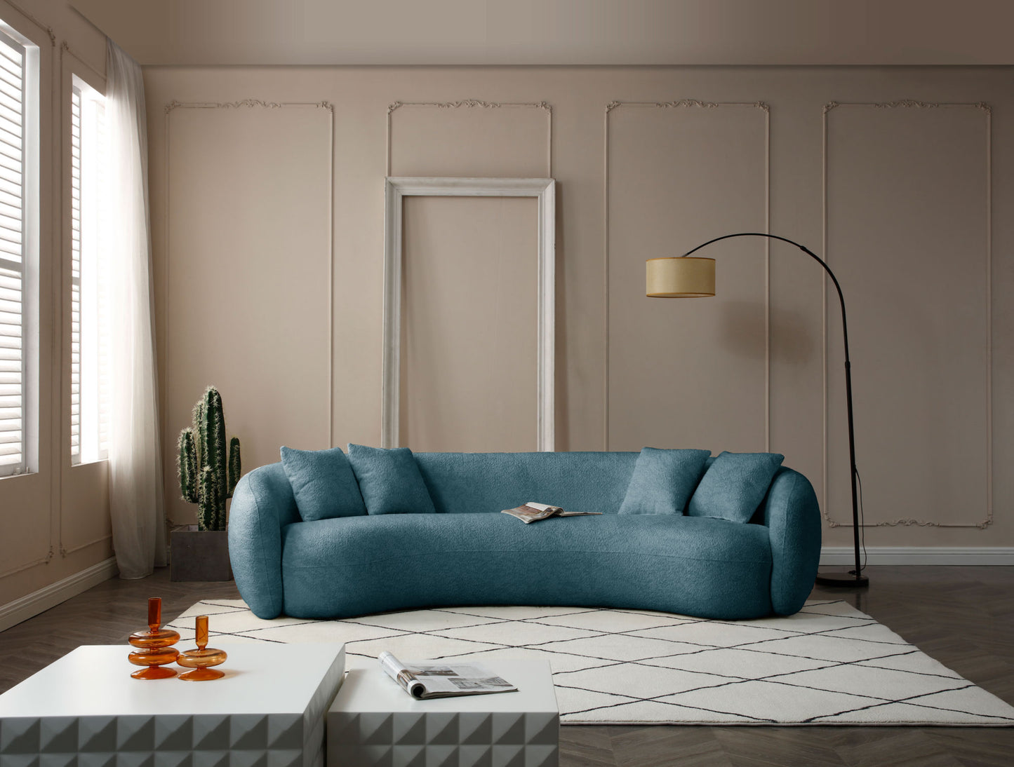 102'' Boucle Sofa Modern Sectional Half Moon Leisure Couch Curved Sofa Teddy Fleece Velet Blue