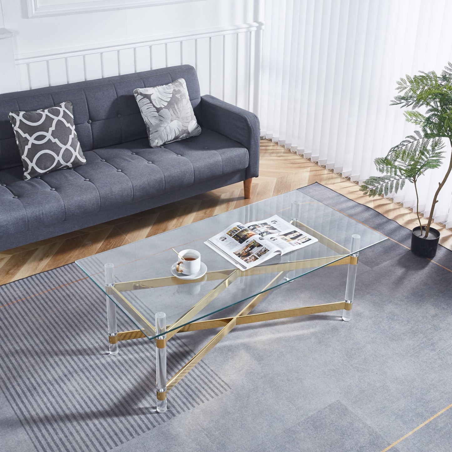 Gold Stainless Steel Coffee Table With acrylic Frame and Clear Glass Top