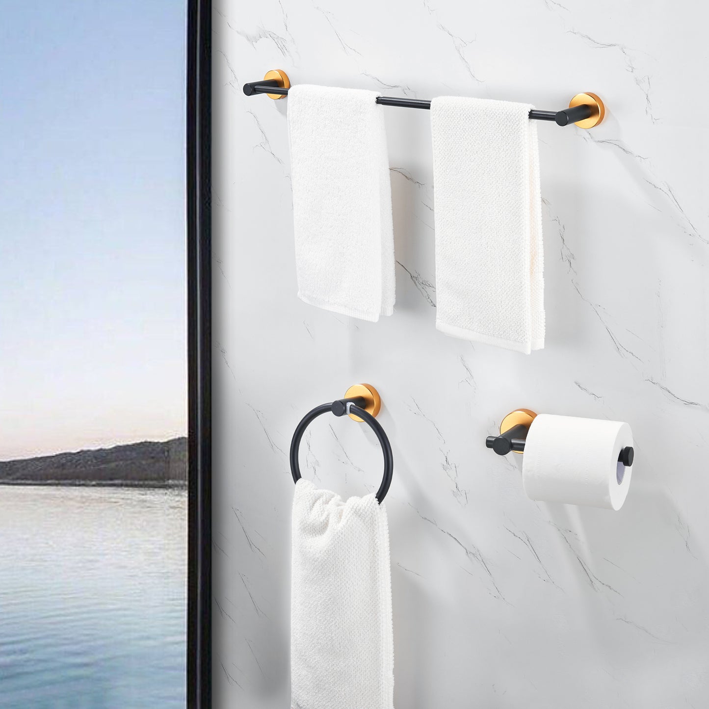 Bathroom Hardware Set; Thicken Space Aluminum 3 PCS Towel bar Set- Black Gold 16-27 Inches Adjustable Bathroom Accessories Set