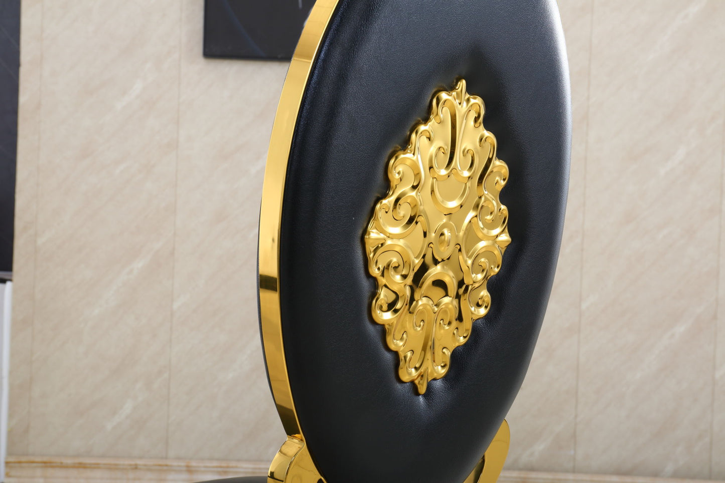 Leatherette Dining Chair Set of 2, Oval Back Carving Design with Stainless Steel Legs