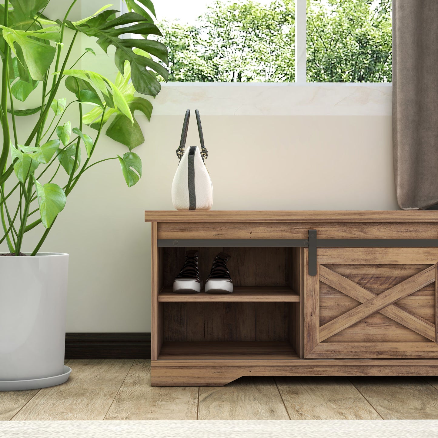 47 Inch Modern Farmhouse Sliding X Barn Door Litterbox Bench with Entry Cutout;  Shoe Bench Multi-color Option