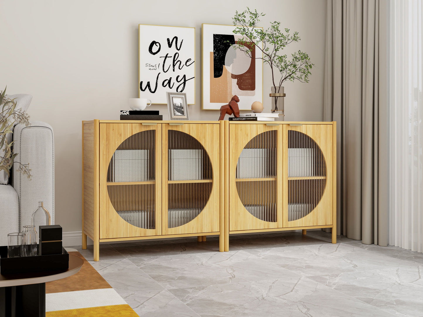 Bamboo 2 door cabinet, Set of 2, Buffet Sideboard Storage Cabinet, Buffet Server Console Table, for Dining Room, Living Room, Kitchen, Hallway