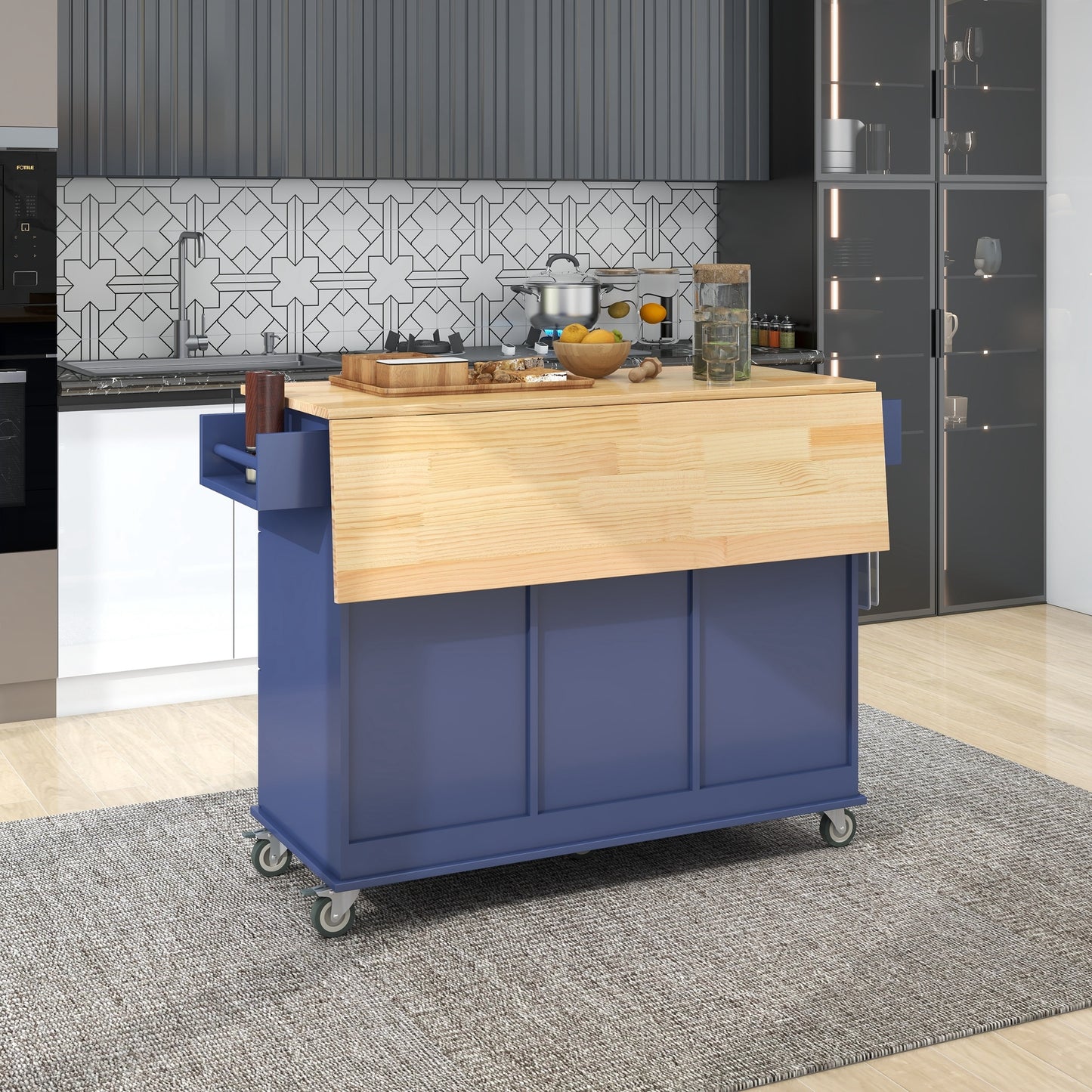 Rolling Mobile Kitchen Island with Drop Leaf - Solid Wood Top Dark blue)