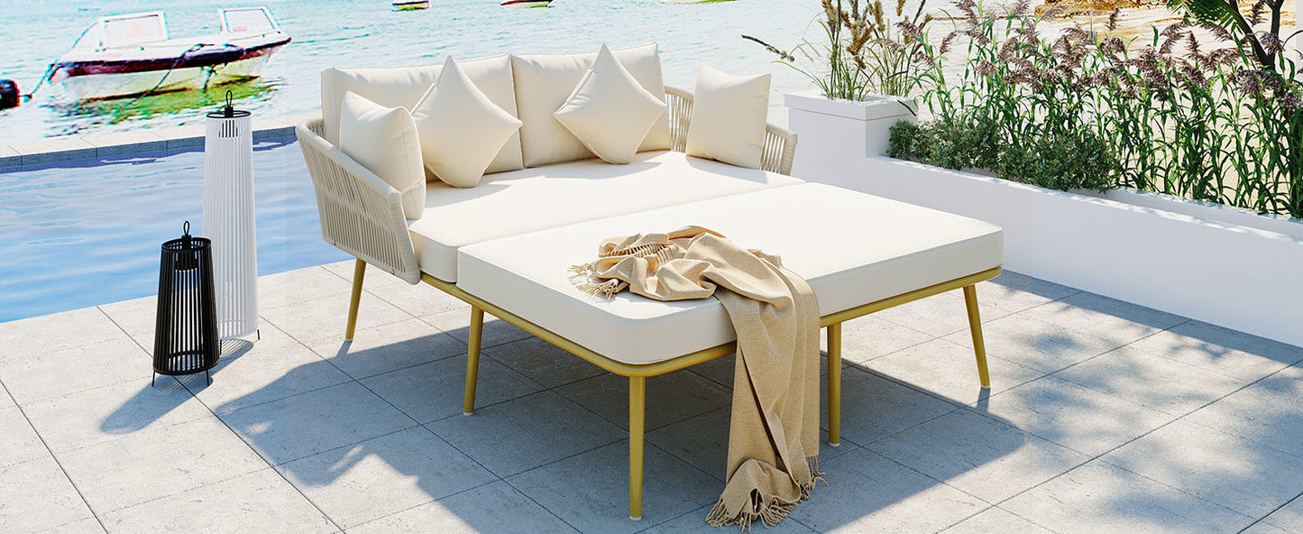 TOPMAX Outdoor Patio, Woven Nylon Rope Backrest with Washable Cushions for Balcony, Poolside, Set for 2 Person, Beige