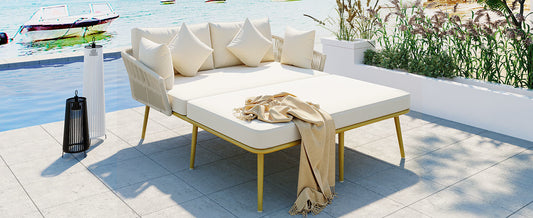 TOPMAX Outdoor Patio, Woven Nylon Rope Backrest with Washable Cushions for Balcony, Poolside, Set for 2 Person, Beige