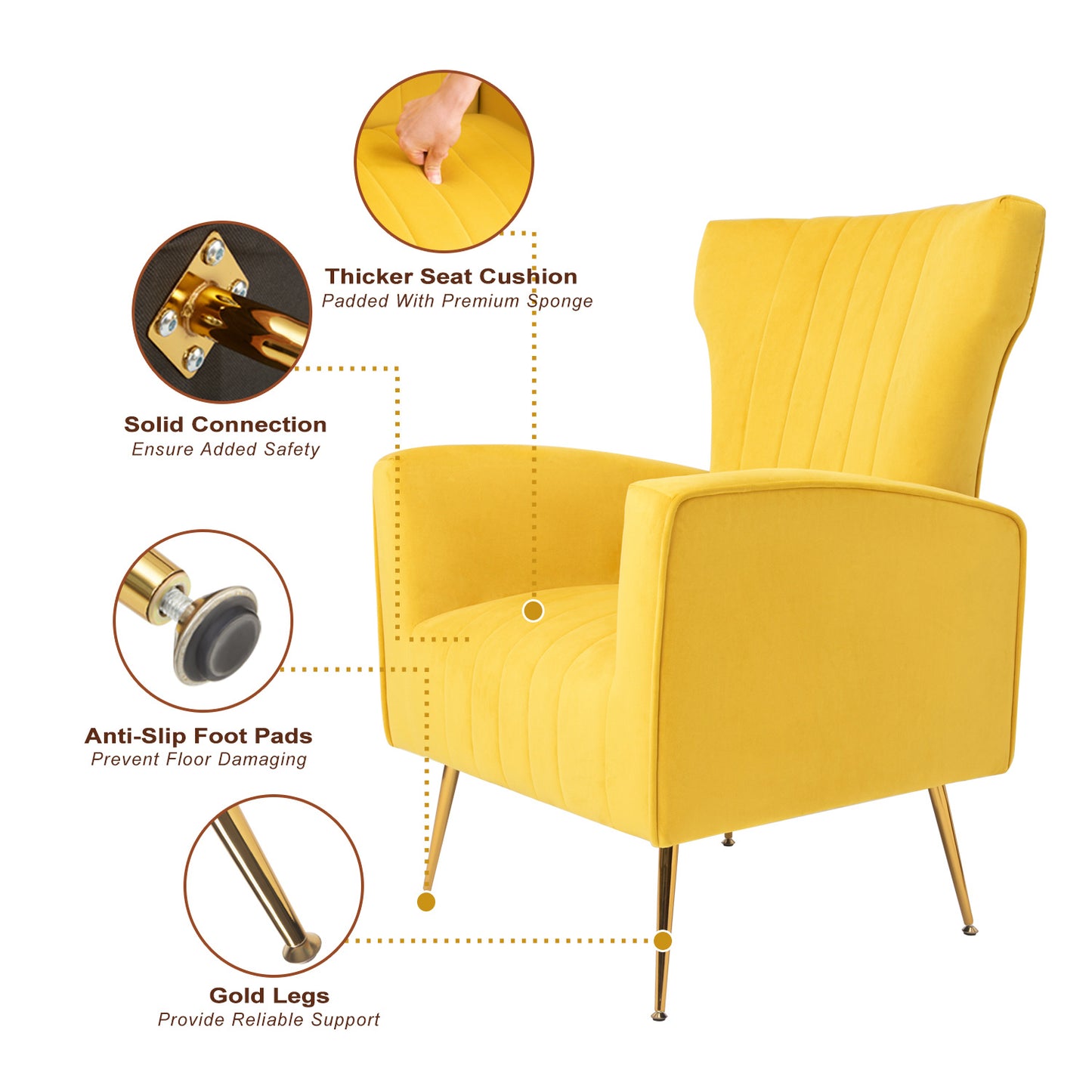 Velvet Accent Chair, Wingback Armchair with Gold Legs, Upholstered Single Sofa