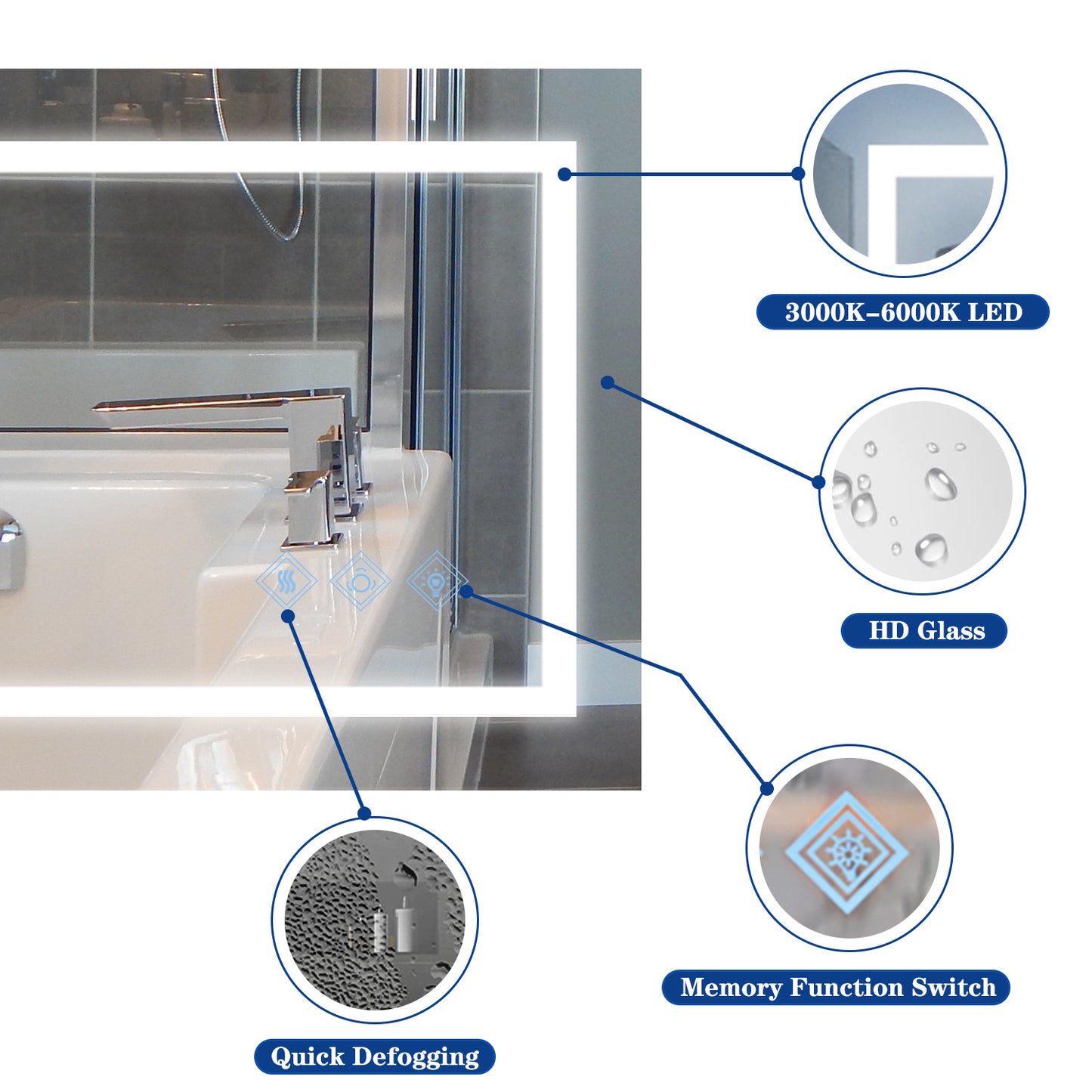 32x24inch Glossy Brushed Silver 3000-6000K LED Bathroom Mirror With Lights,Anti-Fog Dimmable Lighted Wall Mounted Vanity Mirror Master Bath Modern Makeup(Horizontal & Vertical)
