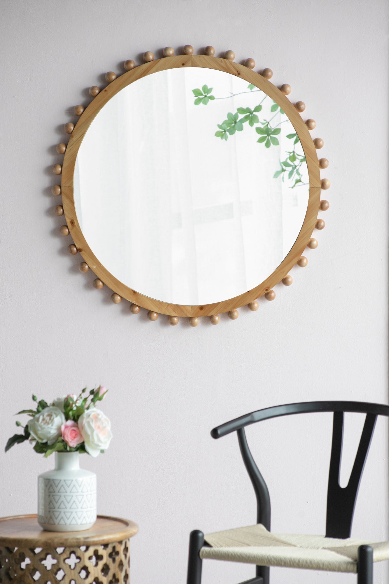 34" Wood Round Mirror with Beaded Frame