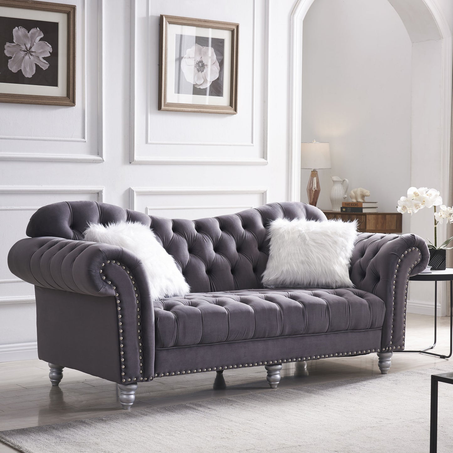 3 Piece Living Room Sofa Set; including 3-Seater Sofa; Loveseat and Sofa Chair; with Button and Copper Nail on Arms and Back; Five White Villose Pillow; Grey.