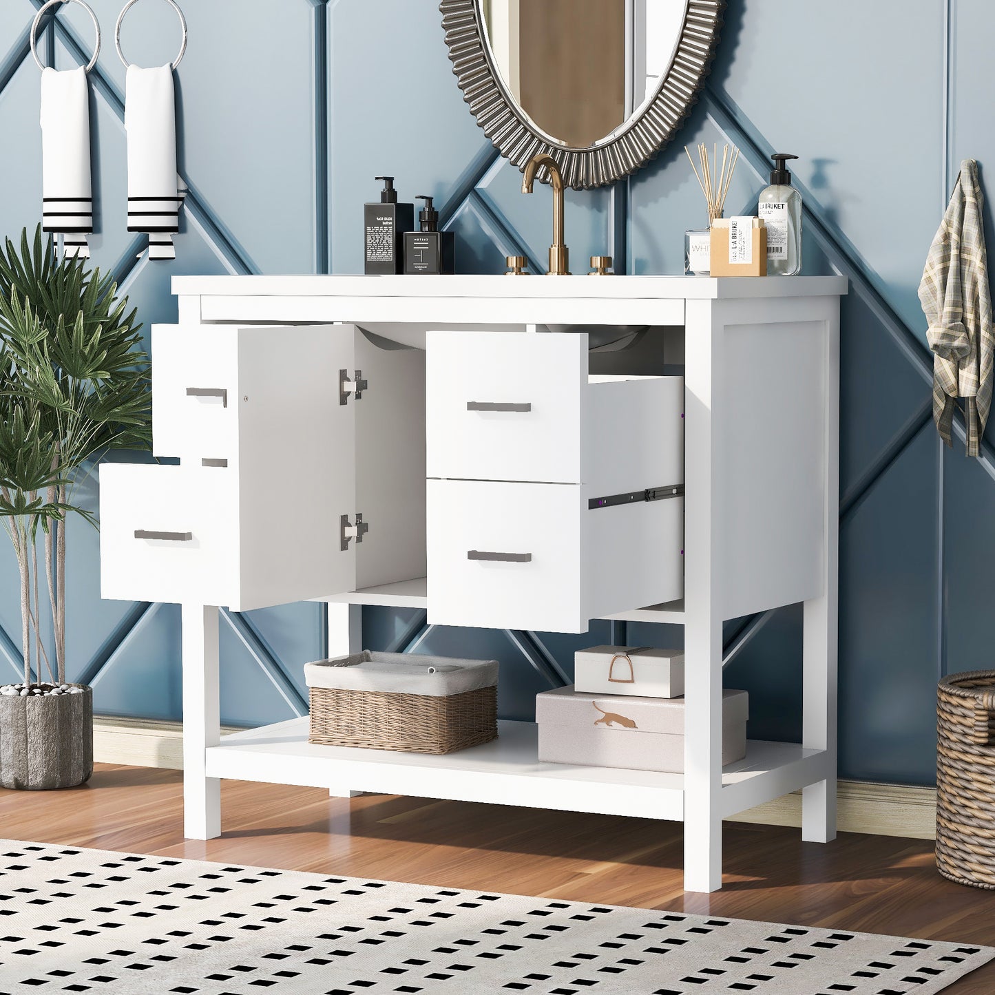 36" White Modern Bathroom Vanity with USB, Resin Sink