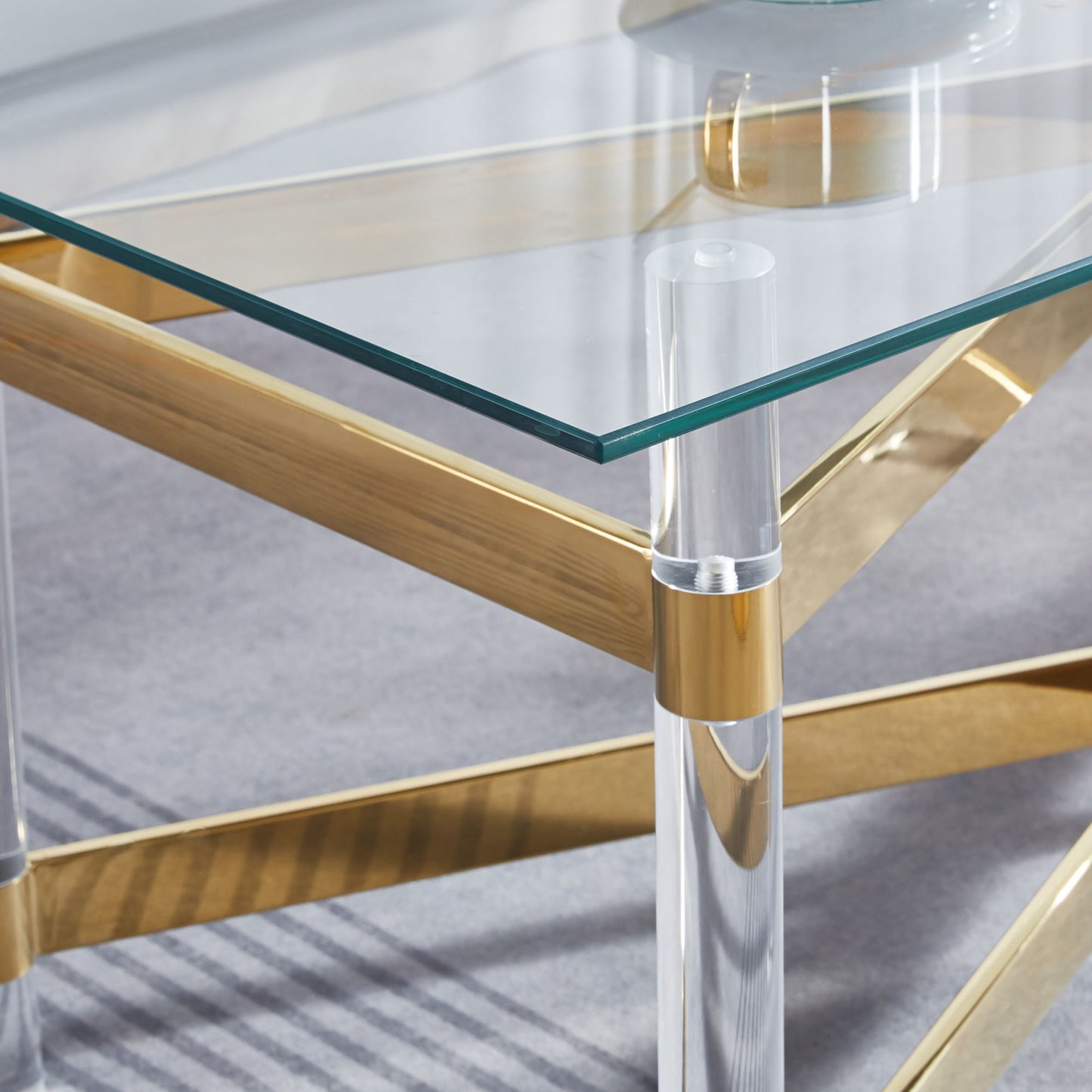 Gold Stainless Steel Coffee Table With acrylic Frame and Clear Glass Top