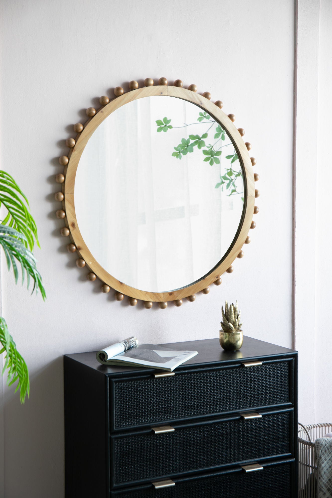 34" Wood Round Mirror with Beaded Frame