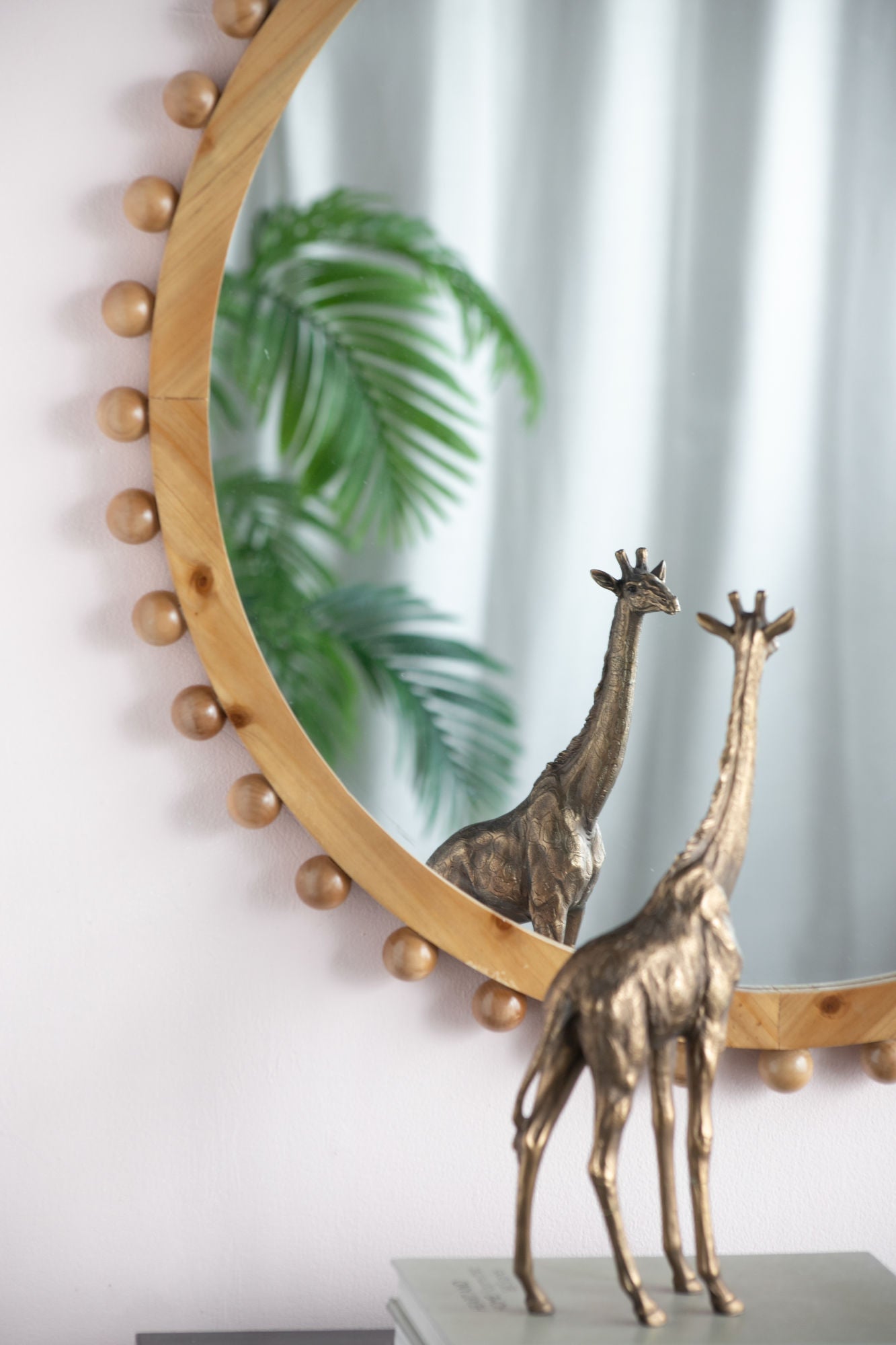 34" Wood Round Mirror with Beaded Frame