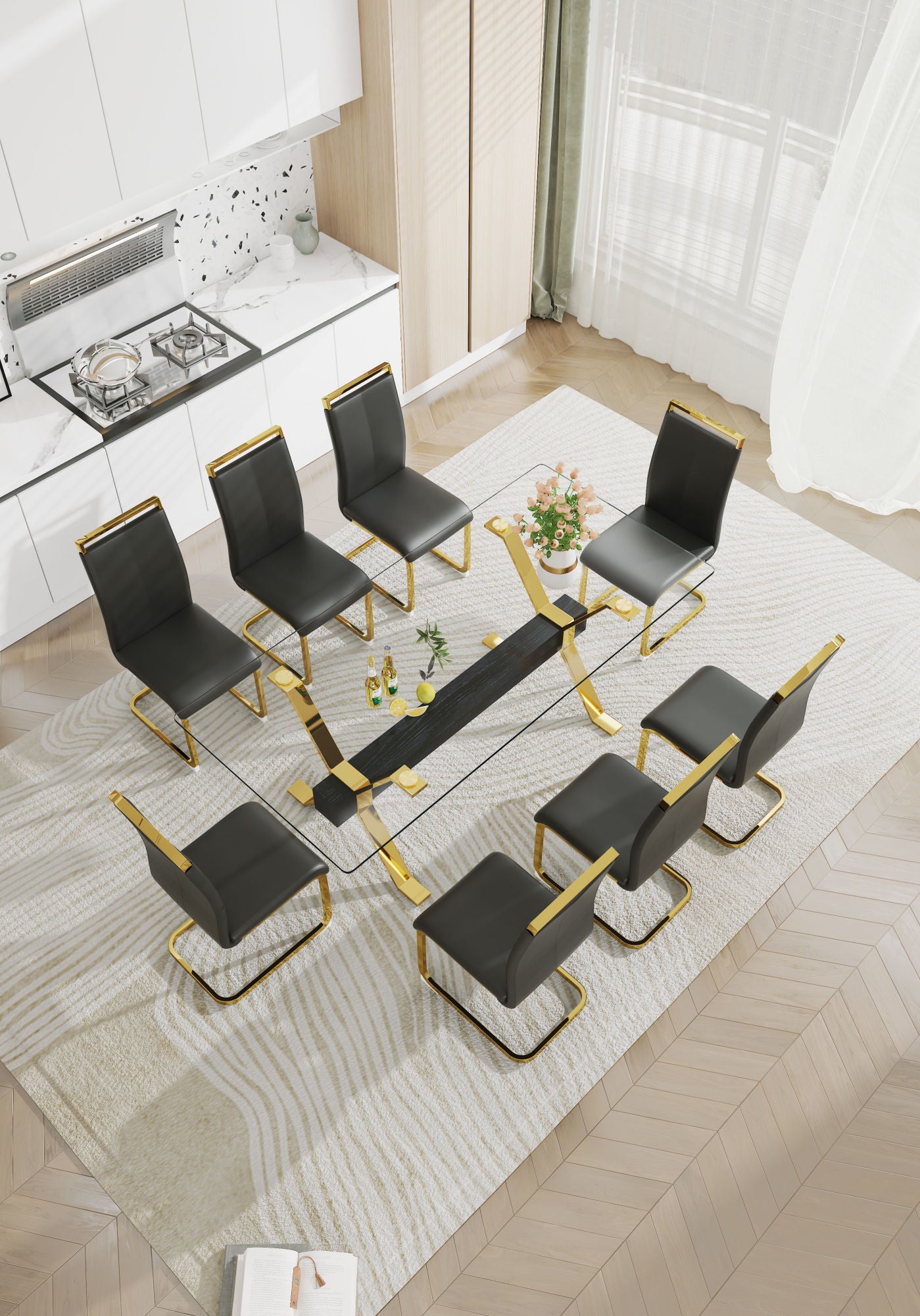 ContemporaryGlass Dining Table - Versatile for Home or Office. Features a Large Tempered Glass Top, Modern Office Desk Design with Gold-Plated Metal Legs and MDF Crossbars. Ideal for Kitchen Use. Dimensions: 79''x39''x30'