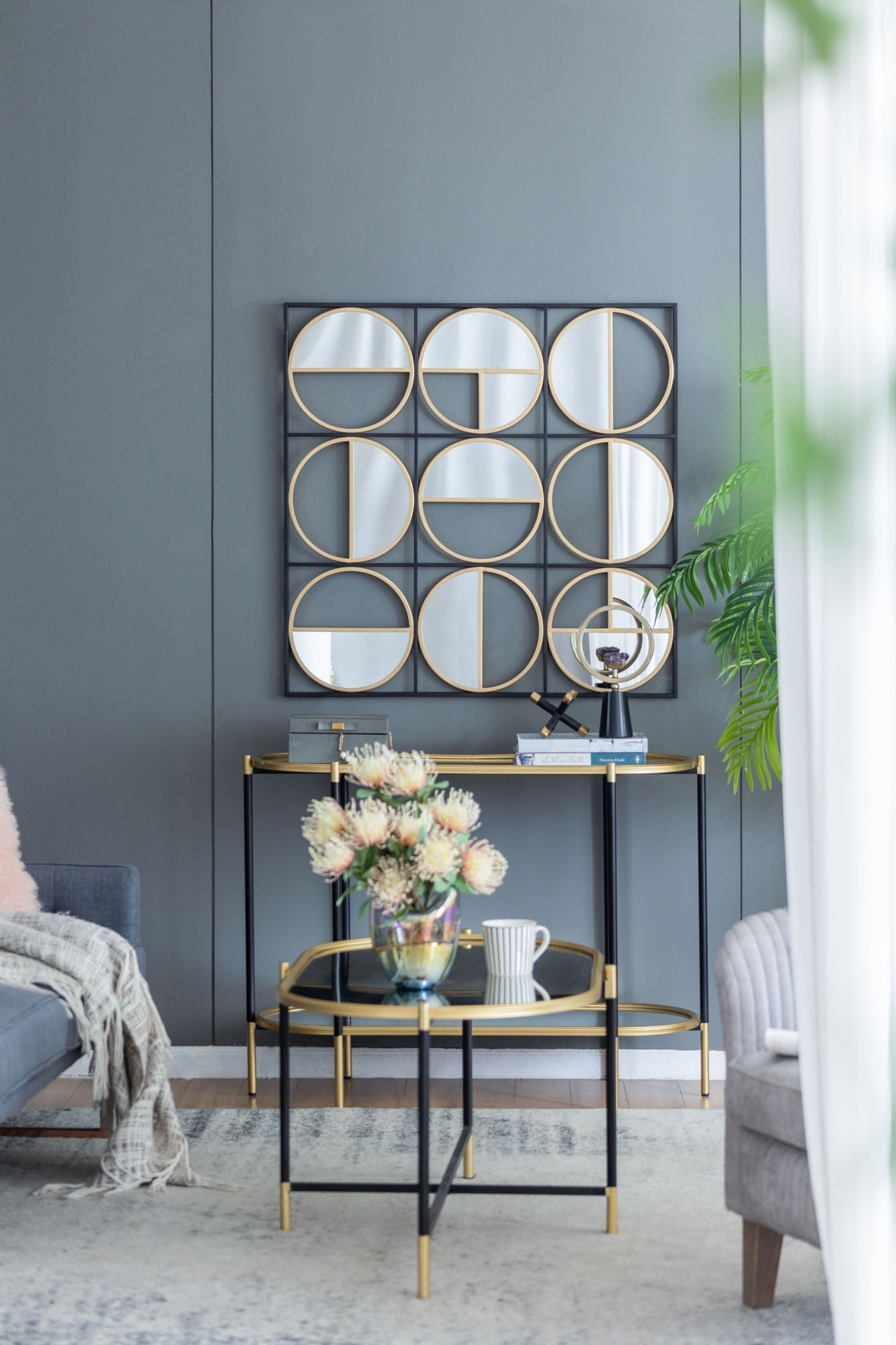 35.6" in Eclectic Styling Metal Beaded Black Wall Mirror