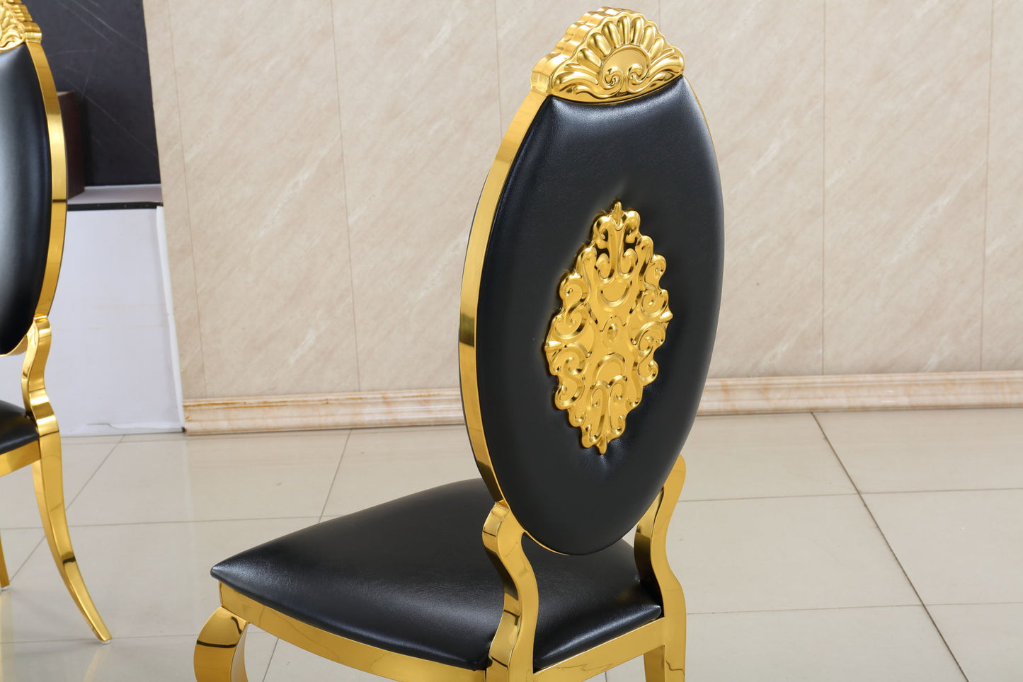 Leatherette Dining Chair Set of 2, Oval Back Carving Design with Stainless Steel Legs