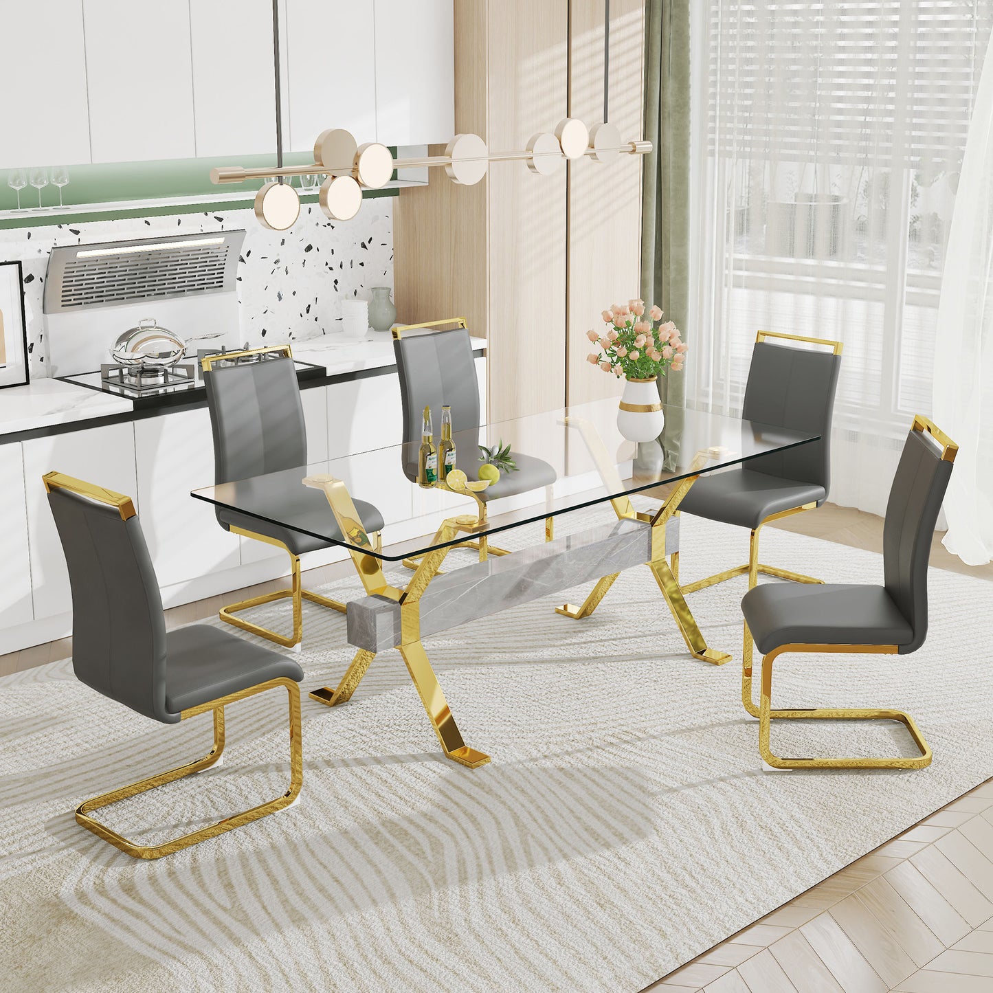 ContemporaryGlass Dining Table - Versatile for Home or Office. Features a Large Tempered Glass Top, Modern Office Desk Design with Gold-Plated Metal Legs and MDF Crossbars. Ideal for Kitchen Use. Dimensions: 79''x39''x30'