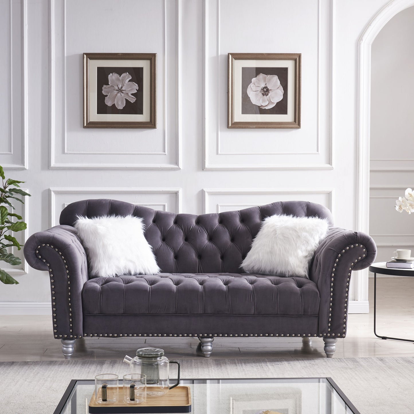 3 Piece Living Room Sofa Set; including 3-Seater Sofa; Loveseat and Sofa Chair; with Button and Copper Nail on Arms and Back; Five White Villose Pillow; Grey.