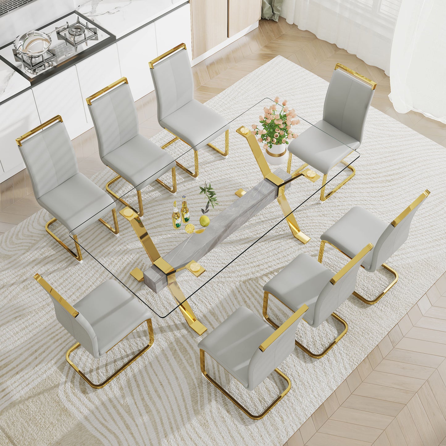 ContemporaryGlass Dining Table - Versatile for Home or Office. Features a Large Tempered Glass Top, Modern Office Desk Design with Gold-Plated Metal Legs and MDF Crossbars. Ideal for Kitchen Use. Dimensions: 79''x39''x30'