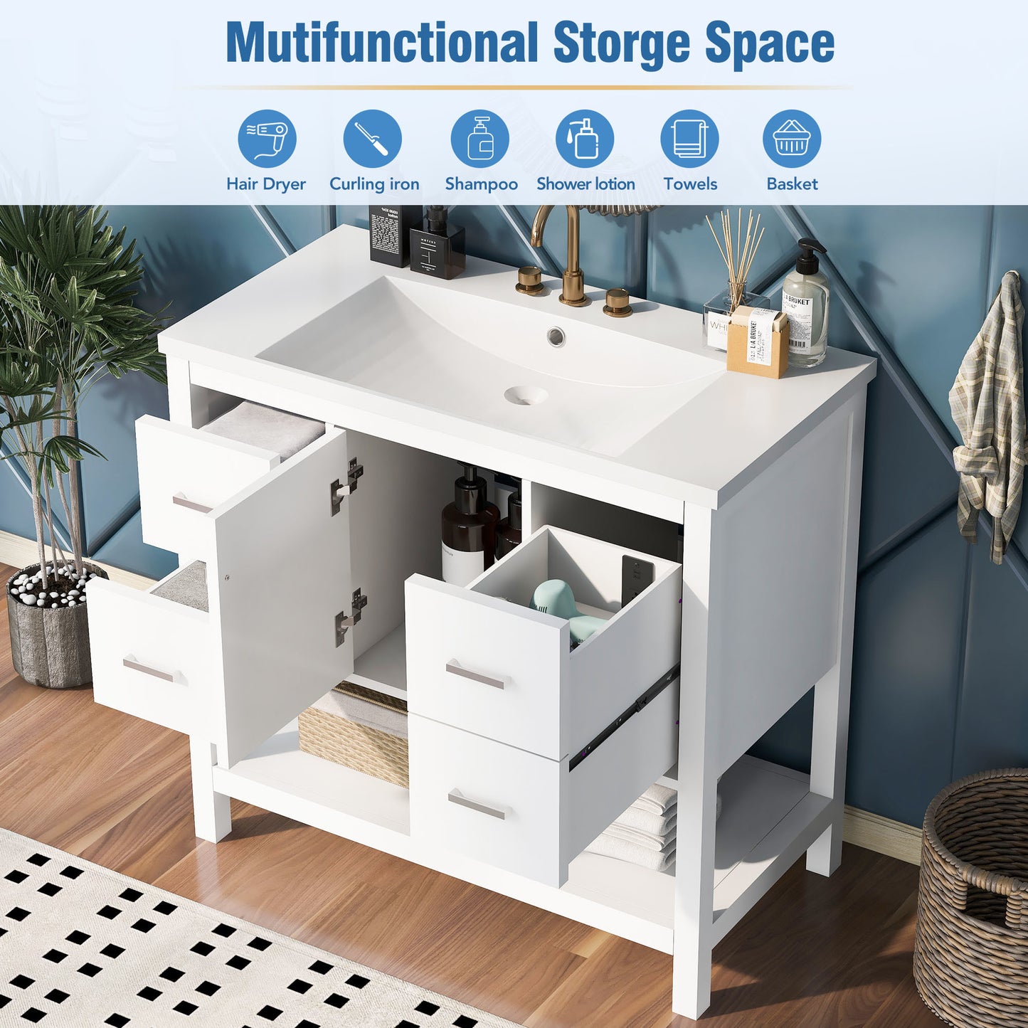 36" White Modern Bathroom Vanity with USB, Resin Sink