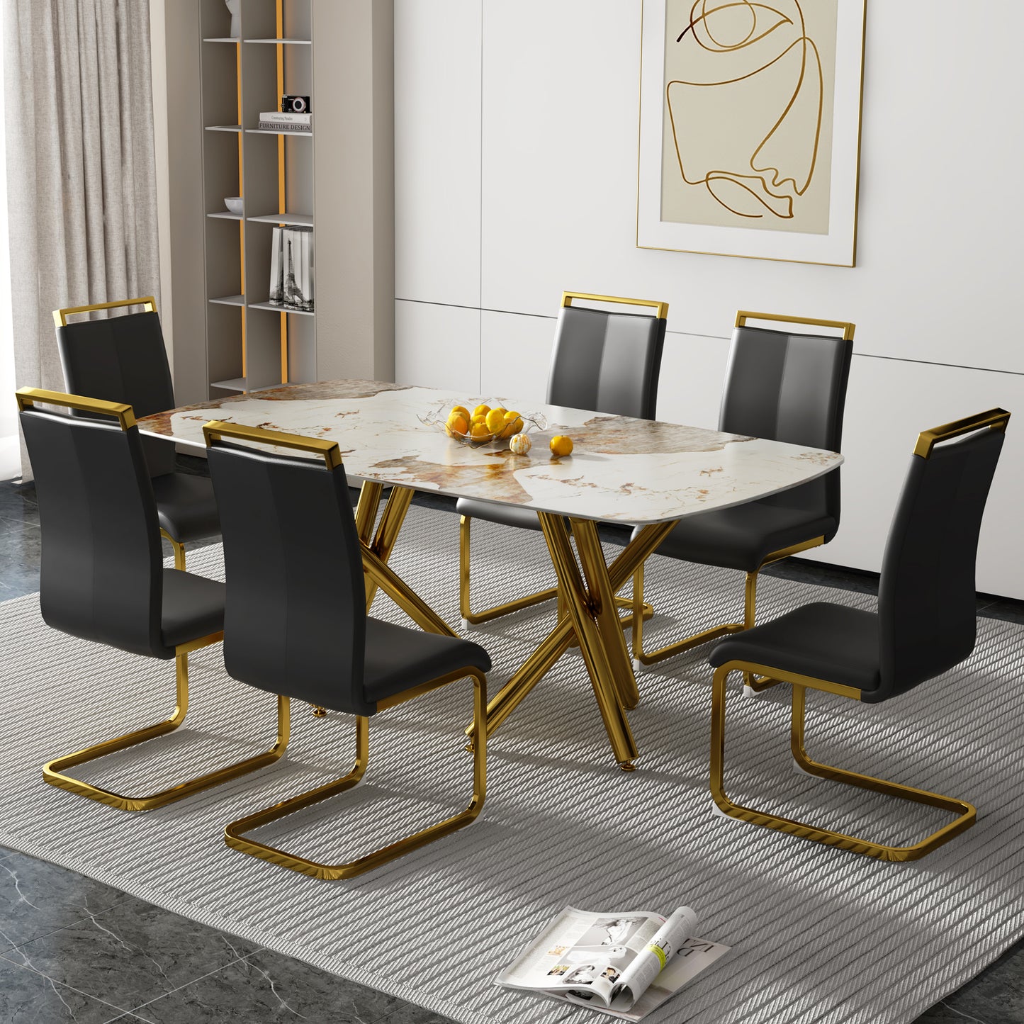 SleekMarble Rectangular Dining Table - Features a 0.39-inch Imitation Marble Top and Elegant Gold-Plated Metal Legs