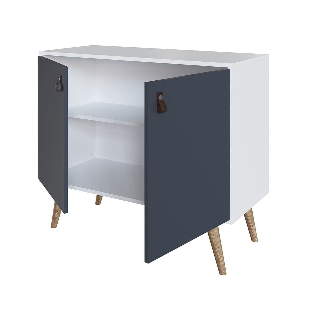 Manhattan Comfort Amber Accent Cabinet with Faux Leather Handles in White and Blue