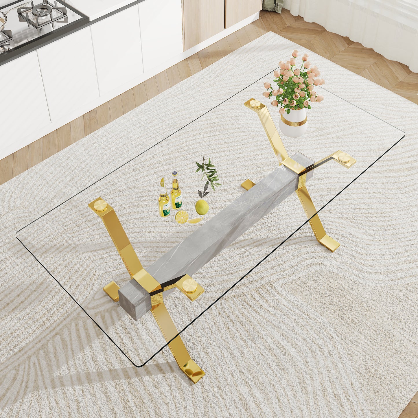 ContemporaryGlass Dining Table - Versatile for Home or Office. Features a Large Tempered Glass Top, Modern Office Desk Design with Gold-Plated Metal Legs and MDF Crossbars. Ideal for Kitchen Use. Dimensions: 79''x39''x30'