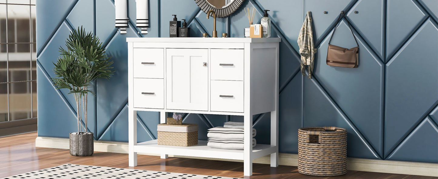 36" White Modern Bathroom Vanity with USB, Resin Sink