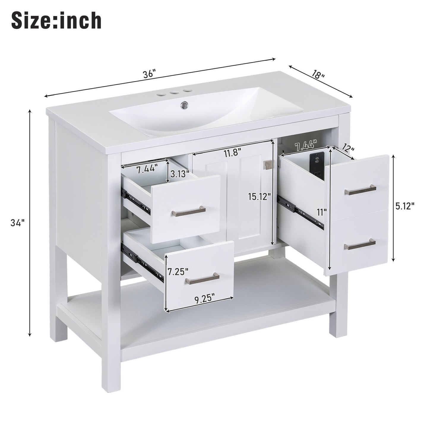 36" White Modern Bathroom Vanity with USB, Resin Sink