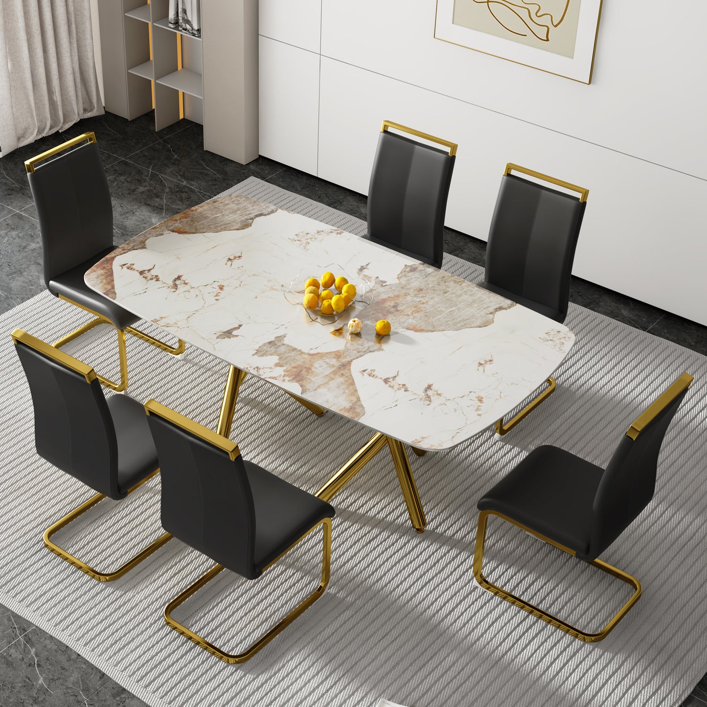 SleekMarble Rectangular Dining Table - Features a 0.39-inch Imitation Marble Top and Elegant Gold-Plated Metal Legs