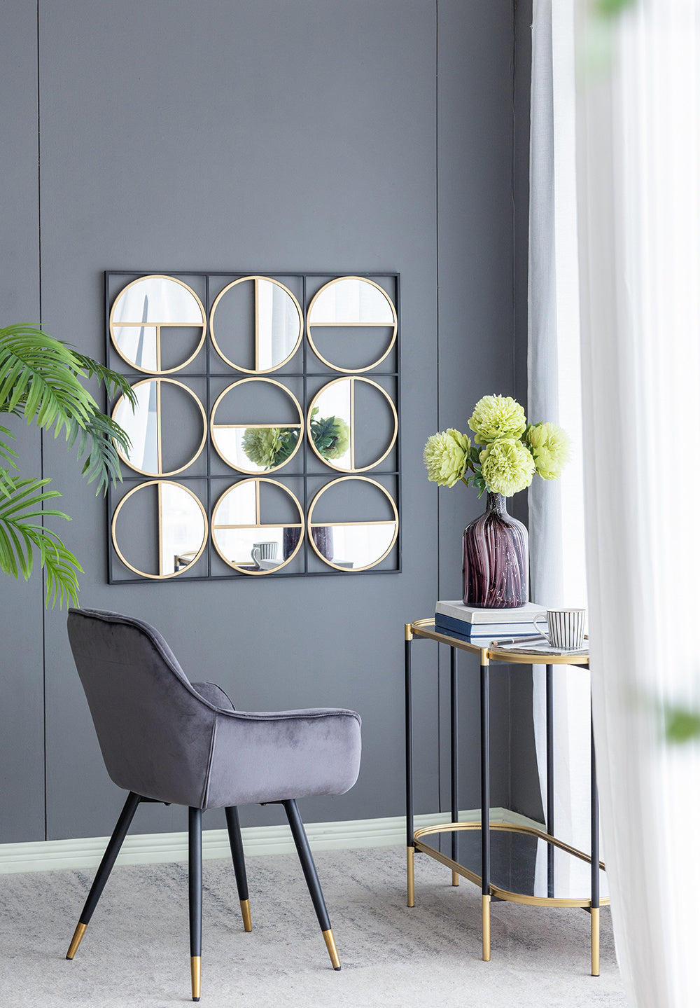 35.6" in Eclectic Styling Metal Beaded Black Wall Mirror