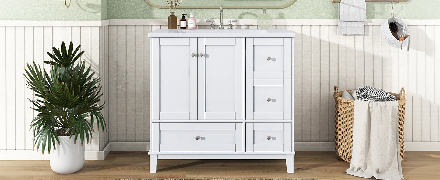 36 Inch Modern Bathroom Vanity with USB Charging, Two Doors and Three Drawers Bathroom Storage Vanity Cabinet, Small Bathroom Vanity cabinet with single sink , White & Gray Blue - Faucets Not Included