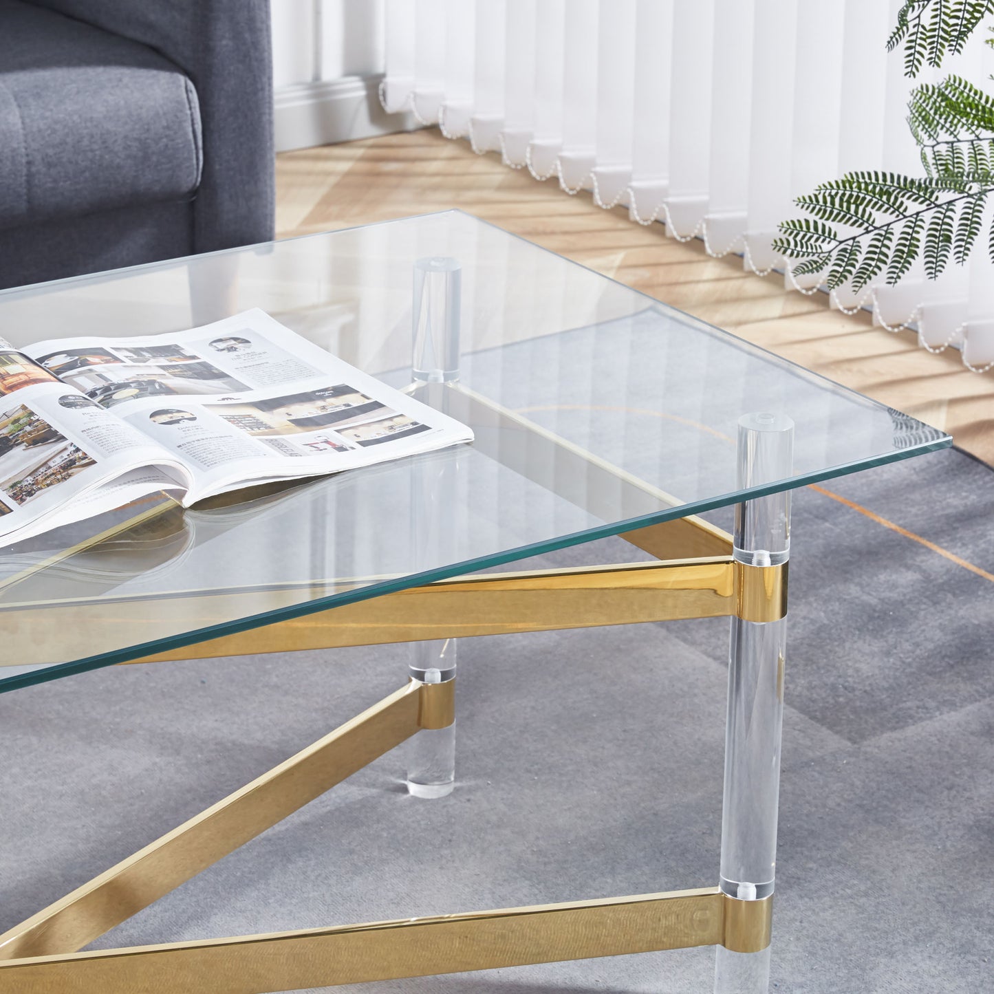 Gold Stainless Steel Coffee Table With acrylic Frame and Clear Glass Top