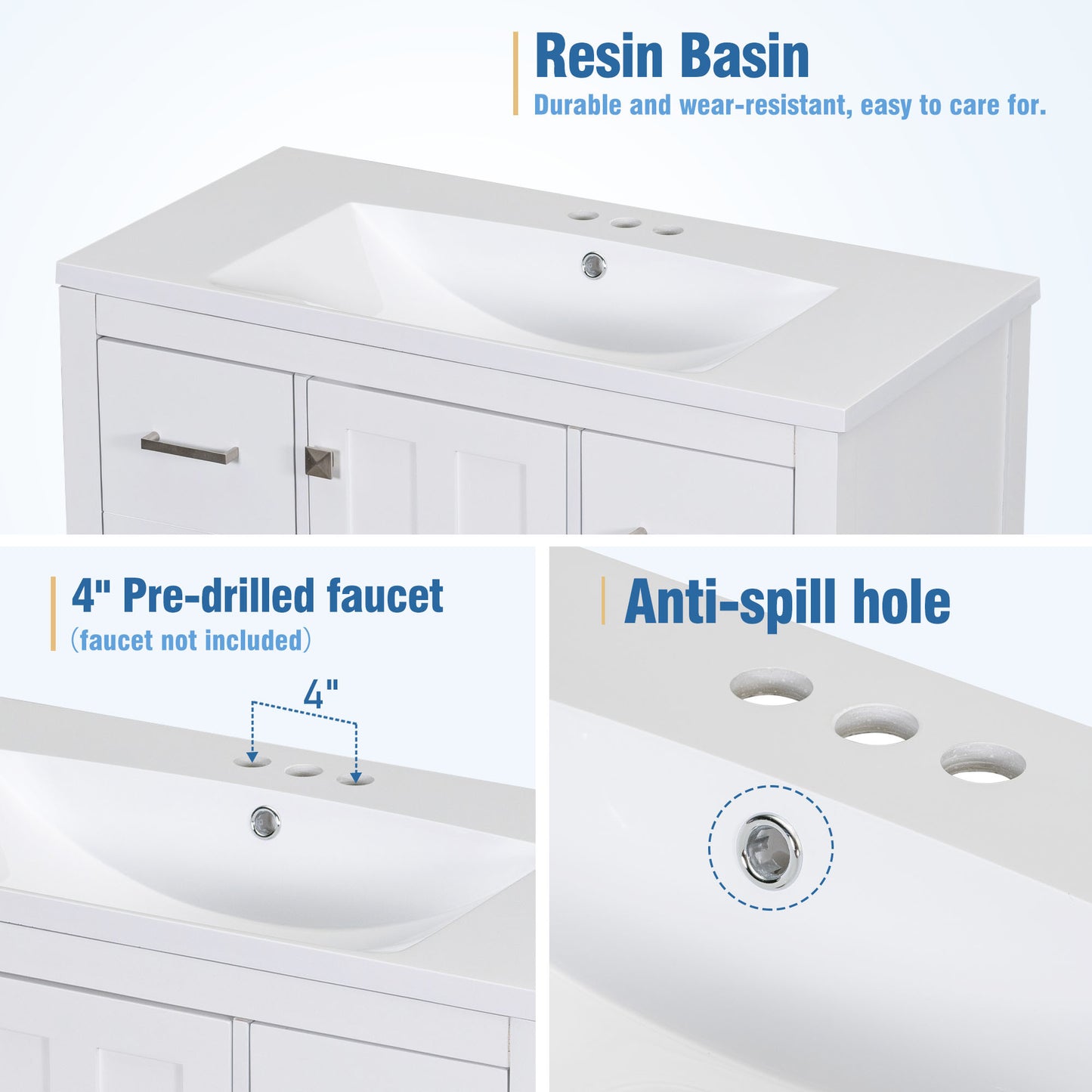 36" White Modern Bathroom Vanity with USB, Resin Sink