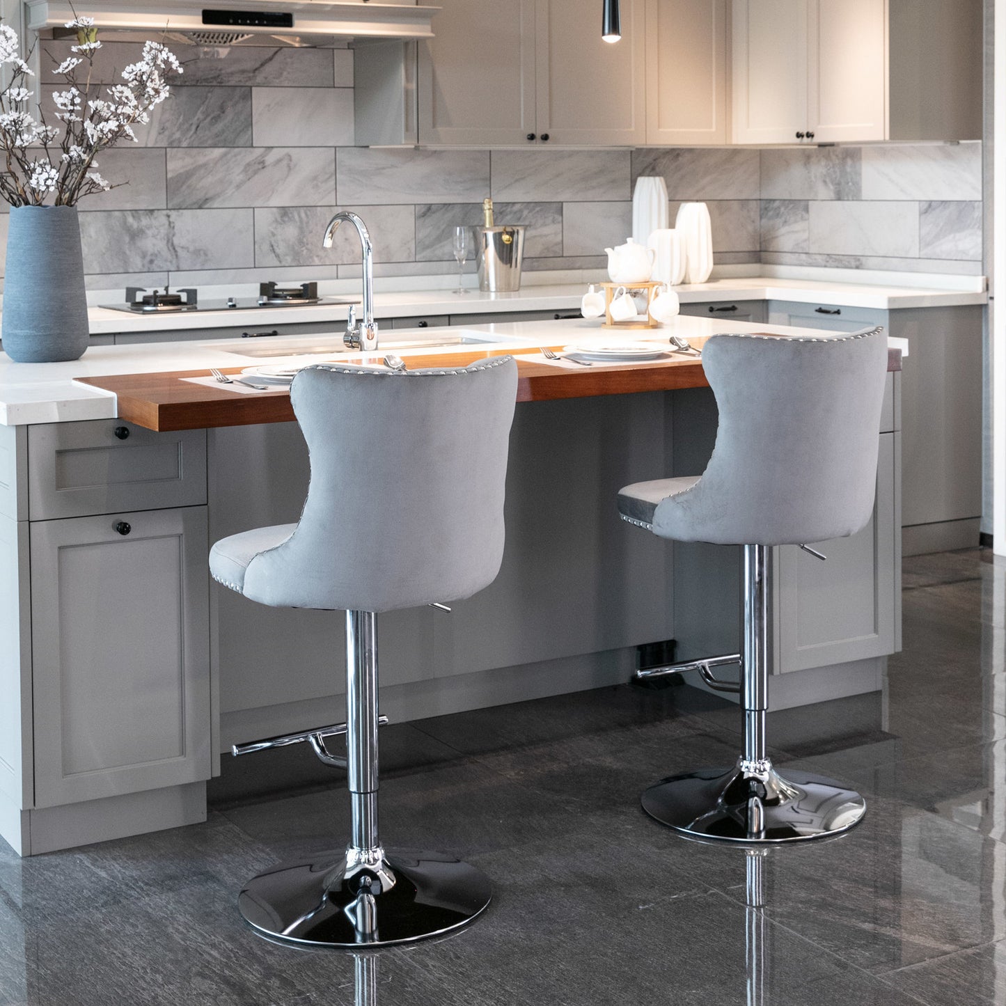 A&A Furniture, Swivel Velvet Barstools - Set of 2