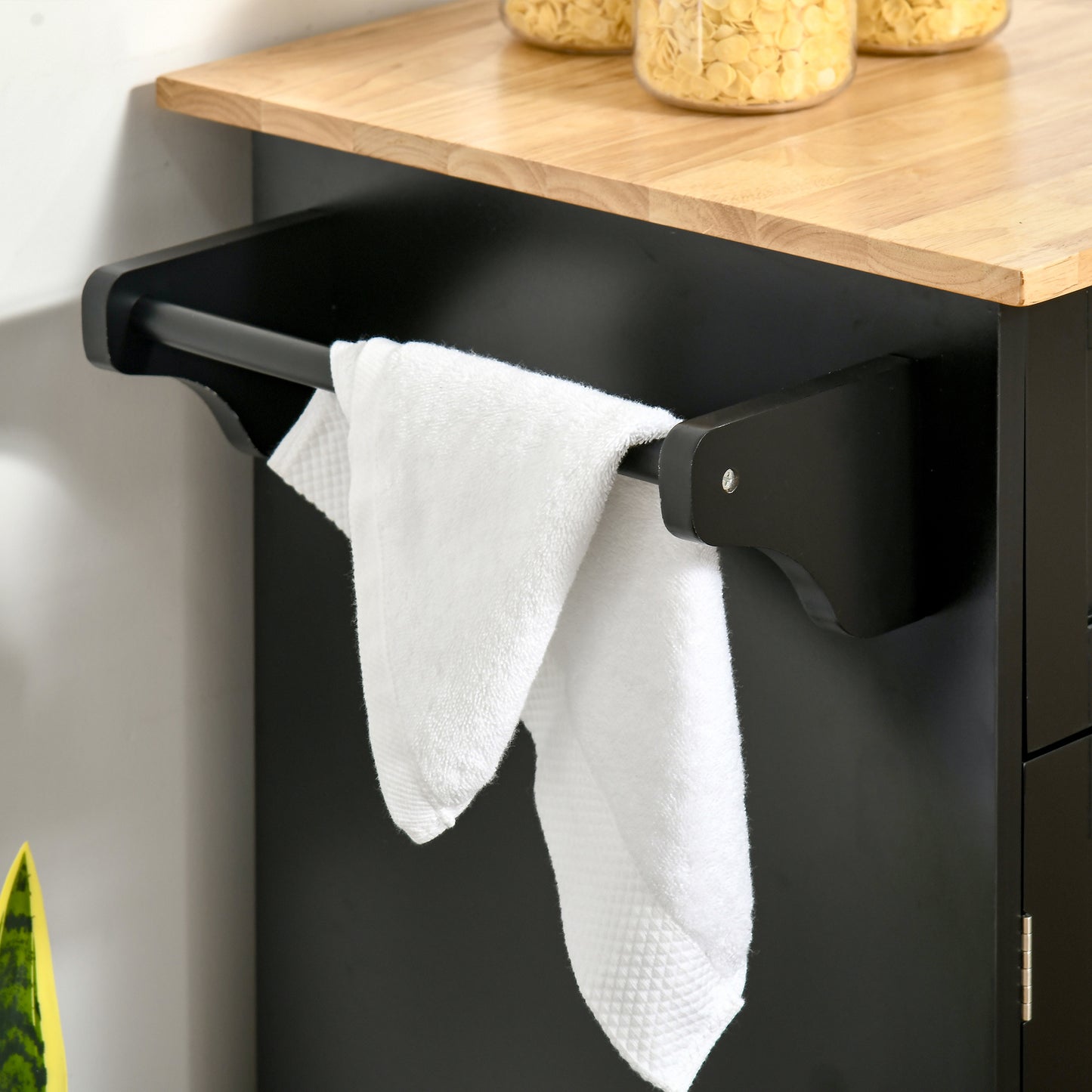41" Modern Rolling Kitchen Island on Wheels, Utility Cart Storage Trolley with Rubberwood Top & Drawers, Black