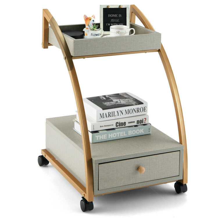 Modern 2-Tier Rolling End Table with Tray Top and Pull-Out Drawer