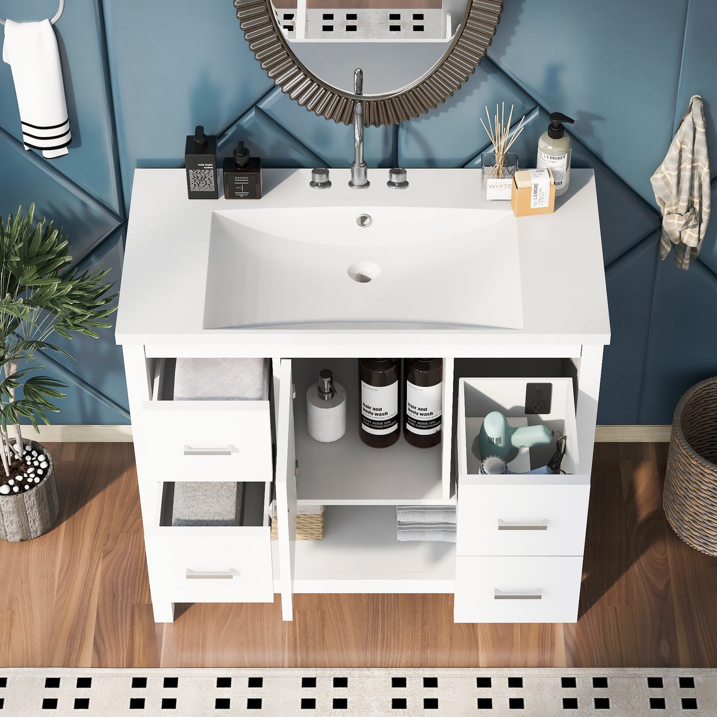 36" White Modern Bathroom Vanity with USB, Resin Sink