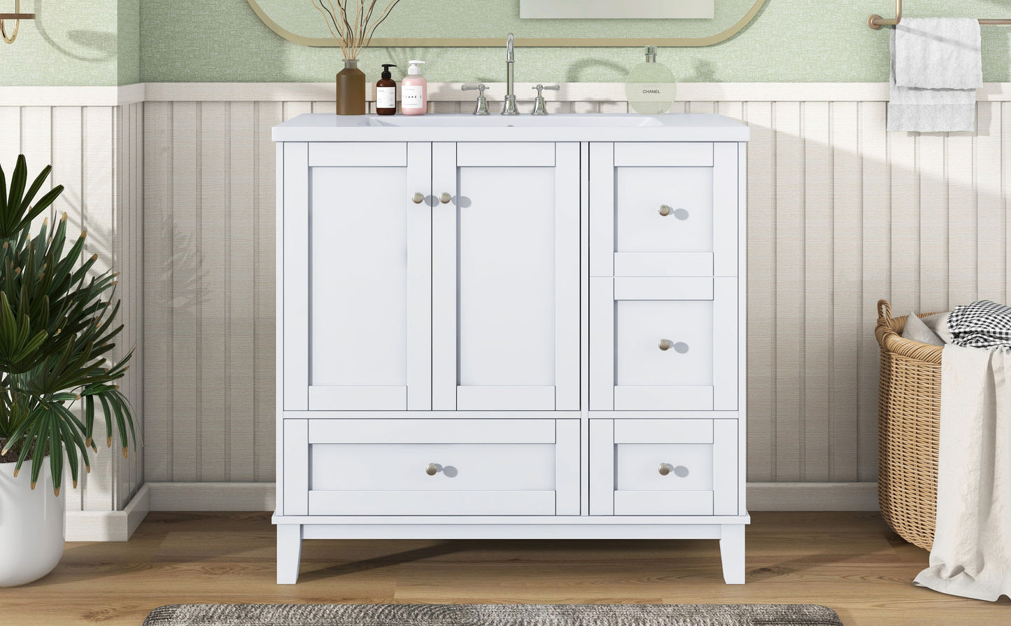 36 Inch Modern Bathroom Vanity with USB Charging, Two Doors and Three Drawers Bathroom Storage Vanity Cabinet, Small Bathroom Vanity cabinet with single sink , White & Gray Blue - Faucets Not Included