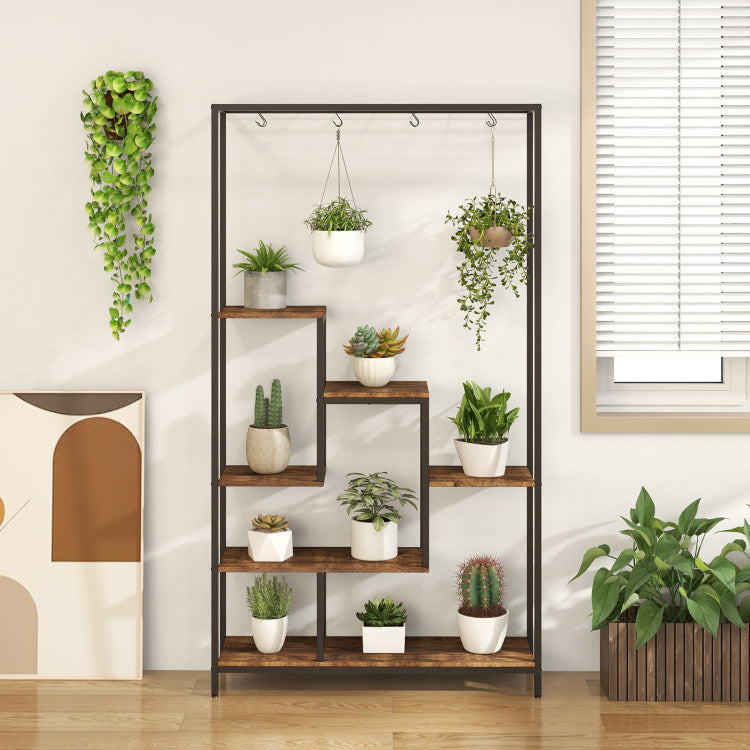 6-Tier Tall Plant Stand 71" Metal Indoor Plant Shelf with 10 Hanging Hooks