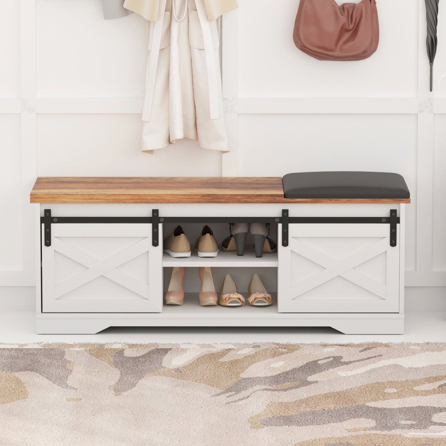 47 Inch Modern Farmhouse Sliding X Barn Door Litterbox Bench with Entry Cutout;  Shoe Bench Multi-color Option