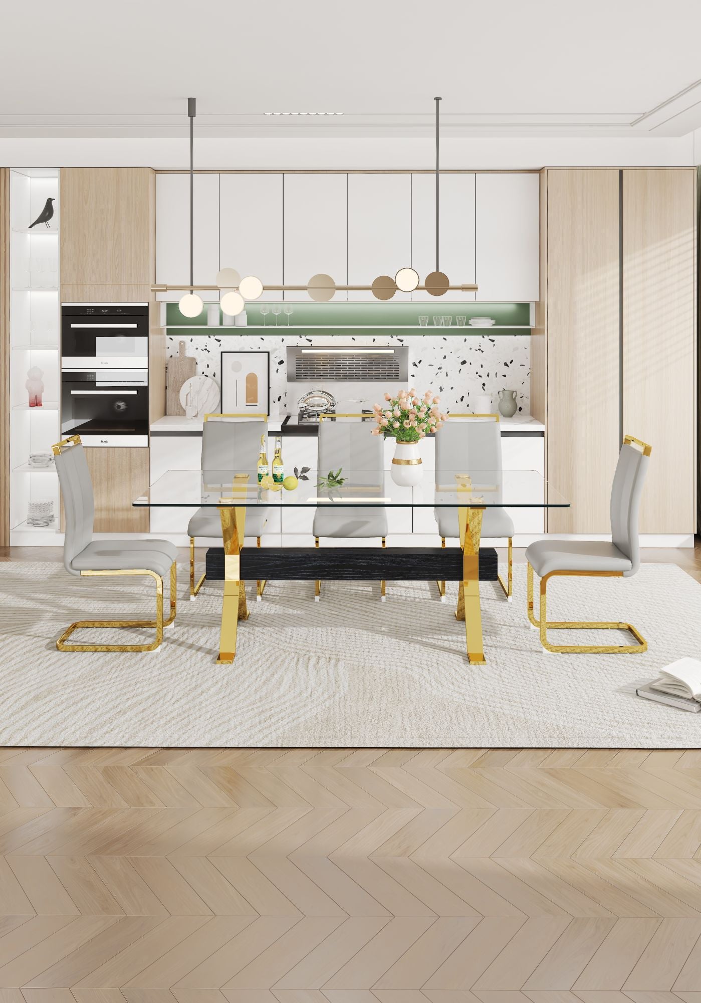 ContemporaryGlass Dining Table - Versatile for Home or Office. Features a Large Tempered Glass Top, Modern Office Desk Design with Gold-Plated Metal Legs and MDF Crossbars. Ideal for Kitchen Use. Dimensions: 79''x39''x30'